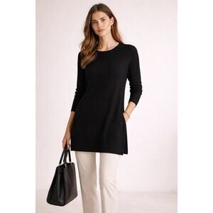 Eileen Fisher Ribbed Tunic Sweater Womens S Black Organic Linen Cotton Side Slit